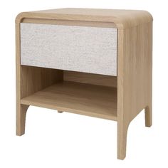 the side table is made from wood and has an open drawer on one side, with a