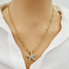 Inspired by the exotic life beneath the waves, this starfish jewellery set is perfect for ocean-lovers. The brushed gold finish is modern and fashionable, while the delicate detail creates a realistic representation of the beloved sea star. The nautical theme remains a popular choice with its enchanting mysticism and captivating creatures. This necklace comes in its own stylish gift box, creating a lovely nautical gift for any occasion - or a well-deserved treat for you! Birthday Daughter, Starfish Jewelry, Blue Starfish, Nautical Gifts, Starfish Pendant, Sea Star, Gift For Her Birthday, Jewellery Set, Necklace Dainty