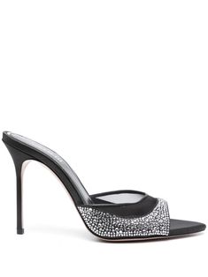 black mesh panelling crystal embellishment open toe pointed toe slip-on style branded leather insole high stiletto heel Embellished Sandals, Crystal Embellishment, Sandals Black, Leather Fabric, Black Mesh, Stiletto Heel, Black Sandals, Calf Leather, Designer Shoes