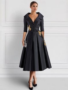 Black Purple Embroidered A-Line Cocktail Dresses Mother of Bride Elegant Formal Ankle Length 3/4 Length Sleeve Shirt Collar Pocket Satin with Appliques 2024 2024 - $153.99 Ugly Mother Of The Bride Dresses, Black Tie Dresses For Women Over 50, Cocktail Dress For Women Over 50, Cocktail Wear Women, A Line Mother Of The Bride Dresses, Mother Of The Bride Black Dresses, Business Gala Dinner Outfit, Plus Size Wedding Attire Guest, Types Of Sleeves For Dresses