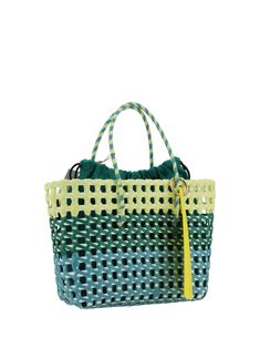 Negroni handbag by la milanesa, double stiff handle, adjustable interior pouch, multicolored woven design, patch with iconic brand monogram applied on handle. Composition: 100% % Plastic | La Milanesa Women's Negroni Handbag in Light Blue/Green/Yellow | SS24 Designer Straw Tote Bag With Handles, Designer Rectangular Straw Bag With Top Carry Handle, Designer Rectangular Straw Bag For Everyday Use, Multicolor Double Handle Bucket Bag, Designer Rectangular Straw Bag, Green Bags With Braided Handles For On-the-go, Woven Top Handle Bags For Shopping, Designer Double Handle Woven Bags, Modern Woven Rectangular Bucket Bag