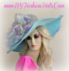 Luxury Statement Haute Couture Designer Hat For Women, Pastel Blue Lavender Wide Brim Hat, Formal Wedding Hat Horse Races, NYFashionHats Women's Wide Brim Pastel Blue Designer Fashion Kentucky Derby Hat With Beautiful Flowers. Perfect Hat For The Kentucky Derby Or Any Other Horse Race. This Special Occasion Dress Hat Is Custom Made By NY Fashion Hats Custom Millinery Headwear Apparel. Soft Pastel Blue Turquoise Wide Brimmed Designer Hat With Flowers. This fashion Kentucky Derby hat is embellishe Special Occasion Hats, Race Day Fashion, Mother Of The Bride Hats, Hat With Flowers, Ladies Dress Hats, Wide Brimmed Hat, Large Brim Hat, Royal Ascot Hats, Haute Couture Designers