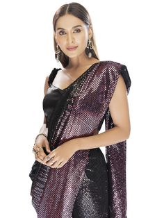 Black And Wine Saree is the epitome of elegance, perfect for Parties, festivals, engagements, gatherings, and special occasions. The amazing Black and Wine saree has georgette fabric that is lightweight and absorbent making it perfect to be worn for long durations. Traditional Pre-draped Saree For Festive Party, Festive Pre-draped Saree With Zari Work For Party, Glamorous Festive Pre-draped Saree For Celebration, Elegant Party Pre-draped Saree With Zari Work, Festive Evening Pre-draped Saree With Zari Work, Party Pre-draped Saree With Mirror Work In Art Silk, Diwali Evening Art Silk Pre-draped Saree, Glamorous Festive Pre-draped Saree With Sheer Dupatta, Elegant Pre-draped Saree For Party Season