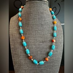 It Make A Memorable Impression With This One Of A Kind Jewelry. Colorful, Chic, Elegant, High Quality Stylish, Modern Jewelry . Handmade 18” Necklace With Semi Precious Gemstones Blue Turquoise Howlite Beads,Orange Sidment Imperial Jasper Round Beads, Artistic Wire And Lobster Clasp. Southwestern Style Orange Beaded Necklaces, Southwestern Style Blue Necklace With Large Beads, Southwestern Orange Round Bead Necklaces, Southwestern Style Orange Jewelry With Colorful Beads, Southwestern Style Orange Beaded Necklace, Artisan Orange Round Beaded Necklaces, Southwestern Orange Jewelry With Colorful Beads, Southwestern Orange Round Beads Necklace, Southwestern Blue Necklace With Large Beads