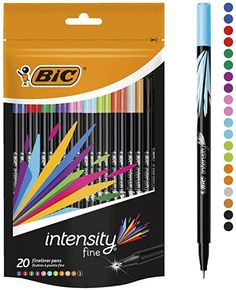 an assortment of crayons and markers in a package with the contents labeled intensity fine