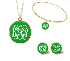 "KELLY GREEN MONOGRAM JEWELRY This will be your favorite monogrammed jewelry! Choose a necklace, bracelet or earrings - or the whole set! Choose silver or gold and scroll through the photos to see all the style options. (Some images enlarged to show detail.) Your jewelry will come packaged in an adorable gift box, as shown in the last photo, perfect for gift giving. Gift wrap and gift message also available during checkout. NECKLACE - Our necklace is 18\" long and is available in sterling silver Personalized Monogram Adjustable Jewelry, Personalized Adjustable Monogram Jewelry, Personalized Monogram Adjustable Jewelry Gift, Adjustable Monogram Jewelry For Personalized Gift, Green Hypoallergenic Jewelry Gift, Hypoallergenic Green Jewelry Gift, Green Engraved Jewelry As Gift, Green Nickel-free Jewelry For Mother's Day, Green Round Jewelry Gift