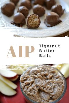 an image of peanut butter balls on a plate with apples in the background and text overlay