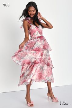 From garden parties to bridal showers, the Lulus Playfully Posh Blush Floral Organza Tie-Strap Tiered Midi Dress will be the perfect pick for any elegant occasion! Sleek woven organza, adorned with a dreamy floral print, shapes this lovely dress that features tying straps that supports a sweetheart neckline and a bustier-inspired bodice with seamed cups and supportive boning throughout. The fitted waist tops a flouncy tiered skirt that falls to a sophisticated midi hem. Hidden back zipper/clasp. Spring Party Floral Dress With Sweetheart Neckline, Summer Organza Maxi Dress With Fitted Bodice, Feminine Floral Maxi Dress For Party, Spring Organza Maxi Dress With Fitted Bodice, Tiered Organza Dress For Garden Party, Feminine Tiered Prom Dress, Feminine Organza Midi Dress For Wedding Guest, Summer Floral Dress With Sweetheart Neckline For Party, Feminine Sleeveless Maxi Dress For Garden Party