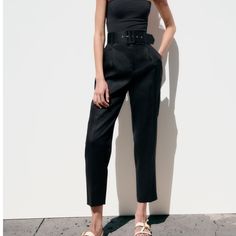 Size Xs / Us 2 / Eur 34 Zara Black Pants With Pockets, Zara Ankle-length Pants With Belt Loops, Zara Ankle-length Pants With Welt Pockets, Zara Ankle-length Pants With Side Pockets, Zara Black Ankle-length Pants, Zara Pants, Linen Pants, Black Belt, Black Color