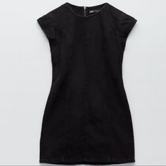 Zara Denim Mini Dress Black Zips In The Back New With Tag Black Short Sleeve Denim Dress For Spring, Black Knee-length Cotton Denim Dress, Chic Black Knee-length Denim Dress, Chic Black Denim Dress For Work, Chic Black Denim Dress For Spring, Black Denim Dress For Workwear In Spring, Black Denim Dress For Spring Workwear, Chic Black Denim Dress, Fitted Black Denim Mini Dress