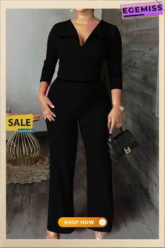 Black Fashion Casual Solid Patchwork Turndown Collar Regular Jumpsuits Black V-neck Jumpsuit, Chic Black Jumpsuits And Rompers For Office, Office V-neck Black Jumpsuit, Black V-neck Jumpsuit For Office, Black V-neck Jumpsuits And Rompers For Office, Casual Black Jumpsuit For Office, Casual Black Jumpsuits And Rompers For Office, Black Jumpsuits And Rompers For Work, Black Stretch Jumpsuits And Rompers For Work