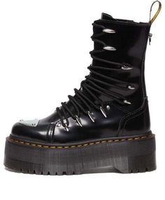 (WMNS) Dr. Martens Jadon Hi LTT Max Leather Platform Boots 'Black' 30964001 Punk Leather Boots With Rubber Sole, Black Calf Leather Platform Boots With Rubber Sole, Black Pointed Toe Moto Boots For Streetwear, Black Punk Patent Leather Platform Boots, Black Leather Boots With Flat Heel, Gothic Leather High Heel Platform Boots, Punk Leather Boots With Reinforced Heel, Leather Platform Boots With Studded Outsoles For Streetwear, Leather Boots With Metal Feet And Round Toe