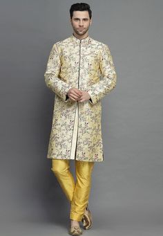 Art Silk Sherwani in Light YellowThis Readymade attire is Enhanced with Resham Work. Crafted in Chinese Collar Neck and Full SleeveAvailable with an Art Silk Pant in MustardDo note: Footwear shown in the image is for presentation purposes only. Half to one inch may vary in measurement. (Slight variation in actual color vs. image is possible) We sell all kinds of menswear. Mens Kurta | Mens Kurta Pajama | Mens Sherwani | Mens Sherwani Sets | Traditional Menswear | Partywear Menswear | Indian Mens Bollywood Style Bandhgala With Floral Embroidery For Festivals, Bollywood Art Silk Sherwani With Chikankari Embroidery, Art Silk Bandhgala With Chikankari Embroidery For Eid, Bollywood Style Floral Embroidered Sherwani For Eid, Designer Floral Embroidered Traditional Sherwani, Eid Bollywood Sherwani With Floral Embroidery, Bollywood Bandhgala With Floral Embroidery For Transitional Season, Bollywood Bandhgala With Floral Embroidery For Festive Occasions, Semi-stitched Floral Embroidered Sherwani For Eid