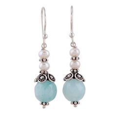 Nestled below sterling silver accents radiant light aqua aventurine stones with a total carat weight of 3.5 add subtle color to these alluring earrings. Above each gemstone two cultured freshwater pearls gleam brightly. Narayani of India designs the beautifully handcrafted earrings. Mirror Earrings, Homemade Earrings, Beaded Earrings Diy, Chalcedony Earrings, Pearl Dangle Earrings, Earrings Diy, Make Jewelry, Jewelry Design Earrings, Electronics Jewelry