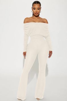 Available In Cream, Black, And Heather Grey. Jumpsuit Off The Shoulder Long Sleeve Ruched Detail Flare Leg Stretch Inseam = 34" 72% Rayon 21% Polyester 7% Spandex Imported | Yasmine Off Shoulder Sweater Jumpsuit in Cream size XL by Fashion Nova Lounge Jumpsuit, Grey Jumpsuit, Off Shoulder Jumpsuit, Off The Shoulder Long Sleeve, Sweater Jumpsuit, Off Shoulder Sweater, Leg Stretching, Curve Dresses, Matching Dresses