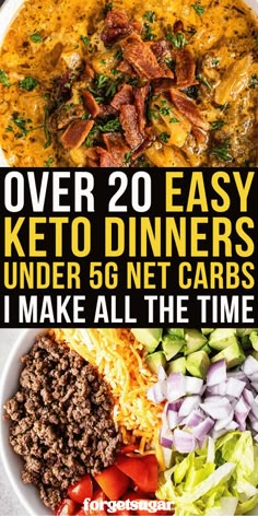 I'm sharing over 20 easy keto dinner recipes under 5g net carbs per serving that I make all the time! These super low carb dinners make planning a breeze. Recipes include Keto Cheeseburger Soup, Keto Taco Salad, Keto Tuna Casserole, Keto White Pizza, and so many more! Low Carb Dinner For Two, No Carb Family Dinners, Keto Diet For Beginners Recipe Easy, Zero Carb Dinner Recipes, Family Friendly Keto Dinners, Keto White Pizza, Taco Salad Keto, Meal Prep Recipes High Protein, Keto Dinners For Family