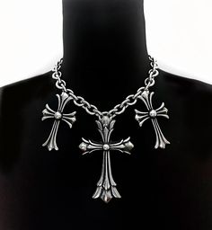 Omne Trium Perfectum -High Quality Silver Stainless Steel Statement Necklace with 3 Crosses, Large and Medium Size Gothic Punk Edgy Crosses * Stainless Steel Chain & Charms * Includes a 3" extension for adjustability * Handmade in Los Angeles Upside Down Cross Necklace, Big Cross Necklace, 3 Crosses, Necklaces Cross, Void State, Upside Down Cross, Dope Jewelry Accessories, Punk Necklace, Big Cross