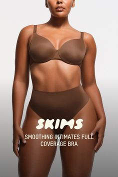 This solution has lightly lined foam pads for seamless support and wide wings that smooth your back and sides. Made from the softest microfiber fabric, this bra features a hidden cushioned underwire that won’t dig or pinch for all-day comfort. Features adjustable straps and a hook and eye back closure. Fits true to your SKIMS bra size. | SKIMS Full Coverage Bra | Medium Neutral | 38B | Smoothing Intimates Bra Calculator, Full Coverage Bra, Mens Fleece, T Shirt Bra, Lingerie Fashion, Your Back, Push Up Bra, Boy Shorts, Cotton Style