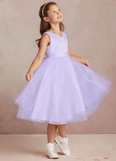 Marlee is the charming choice for your flower girl on the very special day. Cut from matte satin & tulle, she features a V-neckline, poofy A-line skirt with ruching along the waist, a belt over her tea length skirt, and bows along her V-back. Lavender Flower Girl Dress, Lilac Flower Girl Dresses, Tea Length Flower Girl Dress, Tea Length Tulle, Tea Length Skirt, Tulle Flower Girl, Satin Tulle, Flower Girl Dresses Tulle, Lilac Flowers