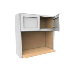 a white cabinet with an open door and two shelves on each side, in front of a white background