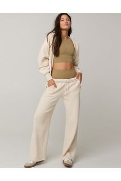 THE LOOK: Holds its shape. Elevated basic. Wide leg silhouette./THE FEEL: Brushed. Soooo soft on the inside. Weightless./THE MOVES: On the go./Accessibility deets: elastic waistband & internal drawstring for easier on/off! Cozy Everyday Pants, Sweats Photoshoot, Aerie Sweatpants, Aerie Clothing, Bday Wishlist, Offline By Aerie, Christmas Wishlist, Moving Forward, On Off