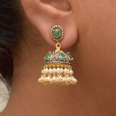 Jhumka Earrings, Dangle Earrings, Handmade Indian Ethnic Diamond Earrings, Chandelier Emerald Diamond Jhumka Earrings Jewelry, Pearl Rose Cut Earrings Jewelry Elegant Jhumkas For Diwali, Kundan Fusion Dangle Jhumkas, Fusion Style Kundan Dangle Jhumkas, Fusion Style Dangle Jhumkas For Festivals, Fusion Style Dangle Jhumkas, Green Temple Jewelry Danglers, Fusion Style Drop Danglers For Diwali, Fusion Style Dangle Jhumkas With Latkans, Fusion Style Tilla Jhumkas Drop Earrings