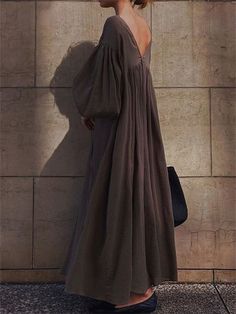 Trendy Maxi Dresses, Orange Fits, A Line Maxi Dress, Cotton Long Dress, Grey Maxi Dress, Bubble Sleeve, Maxi Robes, Mode Inspo, Loose Dress