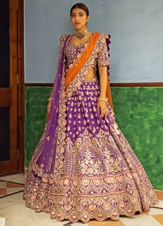 Raina Purple Double Dupatta Embroidered Silk Lehenga Set Angad Singh - Fabilicious Fashion Double Shade Lehenga, Double Dupatta Bridal Lehenga, Lehenga Styling, Beautiful Lengha, Engagement Clothes, Double Dupatta, Dupatta Draping Styles, Dupatta Styling, Dupatta Bridal