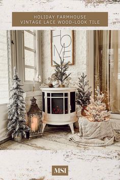 an advertisement for a vintage lace wood - look tile store with christmas trees and candles