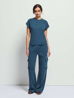 Osee Sweatshirt - Midnight Navy | NATION LTD Short Sleeve Sweatshirt For Loungewear, Short Sleeve Athleisure Sweatshirt For Loungewear, Short Sleeve Athleisure Sweatshirt For Lounging, Sporty Short Sleeve Sweatshirt For Fall, Crew Neck Tracksuit For Loungewear, Relaxed Fit Crew Neck Tracksuit For Loungewear, Short Sleeve Tops With Ribbed Cuffs For Loungewear, Sporty Raglan Sleeve Sweatshirt For Loungewear, Fall Crew Neck Tracksuit With Relaxed Fit