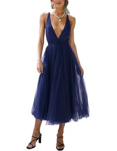 Navy Blue Criss Cross V Neck Mesh Lined Party Dress Blue V-neck Maxi Dress For Party, Summer V-neck Evening Dress For Dinner, Blue Evening Midi Dress For Prom Season, Chic Royal Blue Prom Dress, Blue Midi Dress For Prom, Backless Summer Evening Dress For Dinner, Summer Backless Evening Dress For Dinner, Blue V-neck Party Dress, Royal Blue V-neck Party Midi Dress