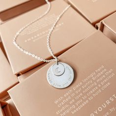 The big sister of our long-time favourite, Soren, the Saffron pendant combines the beauty of the stacked Soren with all the space of our beloved Charlotte. This leaves plenty of space for loved ones' names, birthdates or special text. Personalise with your text curved around the edge of the large pendant and an initial or symbol in the centre of the small pendant. The nature of the stacking pendants means the larger pendant will show wear from the smaller pendant rubbing against it. Crafted with Spiritual Moon Charm Jewelry For Mother's Day, Personalized Spiritual Rose Gold Charm Necklaces, Spiritual Pendant Necklace For Personalized Gift, Mother's Day Coin Pendant Necklace, Silver Spiritual Necklace For Anniversary, Spiritual Medallion Necklace For Personalized Gift, Engraved Spiritual Necklace For Anniversary Gift, Rose Gold Charms Necklace For Anniversary Gift, Rose Gold Charm Necklaces For Anniversary Gift