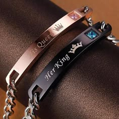 Her King His Queen Set Of Both Couples Stainless Steel Jewelry For Friendship, Couples Stainless Steel Friendship-themed Jewelry, Engraved Meaningful Bracelets For Valentine's Day, Elegant Stainless Steel Wristband For Gift, Adjustable Engraved Couples Jewelry, Black Stainless Steel Jewelry For Anniversary, Personalized Promise Bracelet With Meaningful Style, Jubilee Bracelet In Stainless Steel For Friendship, Meaningful Bracelets For Valentine's Day