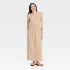 Women's Strapless Midi Sweater Dress - Universal Thread™ Tan M Midi Sweater Dress, Maxi Sundress, Strapless Bandeau, Mini Sundress, Sweater Dress Midi, White Party, Universal Thread, Poplin Fabric, Tan Color