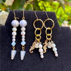 Turn The Choppy Tides Into Smooth Sailing With “White Water” Dangle Earrings. Made With Glass And Plastic Beads With Sea Horse Charm And Loops. White Ocean-inspired Dangle Earrings, Smooth Sailing, Earring Ideas, Sea Horse, Plastic Beads, Earrings Handmade, Sailing, Dangle Earrings, Jewelry Earrings