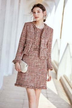 FashionByTeresa pink tweed dress with jacket Crew neckline Cap sleeves A-line silhouette Hem hits about at the knee. Back zip Polyester 83.8% Acrylic 7.6% Others 8.6% Polyester/spandex lining Dry clean Imported Tweet Dresses Chanel, Channel Tweed Outfit, One Piece With Jacket, Dress With Suit Jacket, Tweed Dress Outfit Classy, Tweed Dress Winter, Chanel Tweed Outfit, Mamamia Party, Channel Tweed