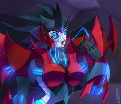 an animated woman in red and black with blue lights on her chest, standing next to a dark background