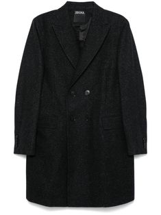 black wool-silk blend speckle texture double-breasted button fastening peak lapels shoulder pads long sleeves buttoned cuffs two front flap pockets central rear vent internal slip pocket partial lining Speckled Texture, Textured Coat, Balenciaga Triple S, Double Breasted Coat, Coat Black, Short Suit, Sweaters Knitwear, Mens Outerwear, Outerwear Coats