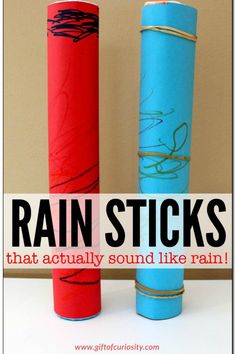 two blue and red tubes with the words rain sticks that actually sound like rain on them