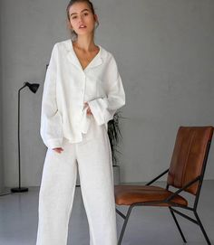 Solid Color Linen Loungewear Sets, Solid Linen Loungewear Sets, Solid Linen Long Sleeve Sets, White Linen Sets For Spring, Linen Sets For Spring Daywear, Relaxed Fit Linen Sets For Spring, Spring Linen Daywear Sets, Linen Sets For Spring Pajama Party, Linen Sets For Pajama Party In Spring