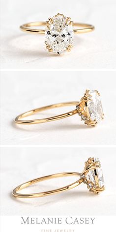 three different views of an engagement ring with diamonds on each side and the other side