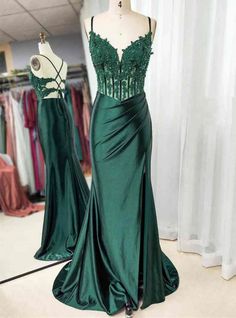 Green Satin Lace Spaghetti Straps Prom Dress Green Mermaid Prom Dress, Emerald Green Prom, Emerald Green Prom Dress, Satin Formal Dress, Prom Dress Inspo, Green Prom, Spaghetti Strap Prom Dress, Prom Dress Ideas, Green Mermaid