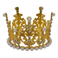 Make any occasion a royal one to remember with this mini metal crown. Whether it's to anoint a king for a day, to mark the sweet sixteen of a princess, to give the family a fantastical Christmas dinner, or just to dress up, anyone who wears this headgear will feel on top of the world. The rhinestones and pearls  increase the imperial feel of this piece. When it's this fun, you can let it get to your head. Size: 3" x 2¼" Adjustable Princess Crown For Wedding, Royal Crown With Pinched Crown For Party, Regal Tall Crown For Wedding, Gold Princess Crown With Structured Shape, Gold Regal Headpiece With Tall Crown, Princess Style Gold Crown With Structured Shape, Wedding Crown With Structured Princess Style, Wedding Crown With Rhinestones, Princess Style Wedding Crown With Structured Shape