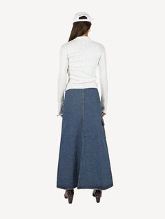 Ifomt Polly Denim Long Skirt Fall Stretch Medium Wash Skirt, Medium Wash Long Skirt For Fall, Fall Long Skirt In Medium Wash, Fall Medium Wash Long Skirt, Long Blue Denim Skirt For Fall, Blue Long Denim Skirt For Fall, Denim Relaxed Fit Skirt For Fall, Relaxed Denim Skirt For Fall, Fall Denim Stretch Skirt