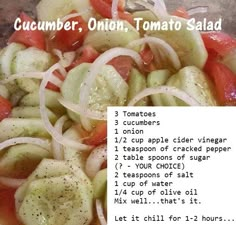 cucumber, onion, tomato salad is shown in this recipe with information about the ingredients