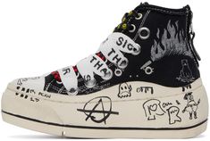 High-top canvas sneakers in black and white. Logo and graphics printed throughout. · Rubber cap toe · Double lace-up closure · Eyelets vents at inner side · Rubberized logo graphic patch at outer side · Zip fastening at heel · Hand-stitched rubber platform midsole · Treaded rubber outsole · Platform: H1.5 in Supplier color: Black graffiti checker Black Graffiti, Black And White Logo, Chain Strap Bag, Oversized Tote Bag, White Platform, Floral Shoes, Round Leather, Leather Cap, Mens Scarves