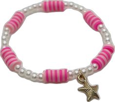 Cute Pink Pearl Charm Jewelry, Playful Pink Jewelry With Star Charm, Pink Pearl Bracelet With Letter Beads, Casual Pink Stretch Bracelet With Tiny Beads, Adjustable Pink Bracelets With Pearl Charm, Adjustable Pink Pearl Bracelet With Charm, Pink Star-shaped Friendship Jewelry, Pink Star-shaped Jewelry For Friendship, Pink Star-shaped Beaded Bracelets