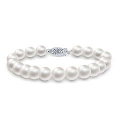 Large and luxurious, this 8.0-8.5mm white Akoya pearl bracelet features AAA quality saltwater pearls that have been hand selected for their smooth, unblemished surfaces, bright, crisp luster and softly shimmering overtones. Double knotted on white silk and finished with a 14k gold clasp. Luxury 14k White Gold Fine Jewelry Earrings, Luxury Akoya Pearl Pear Jewelry, Luxury Gold Akoya Pearl Bracelets, Luxury Akoya Pearl Bracelets With Pearl Drop, Luxury Fine Jewelry With Akoya Pearl, Luxury White Pearl Jubilee-style Bracelet, Luxury White Gold Pearl Oyster Bracelet, Single Strand Pearl Bracelet, Pearl Bracelet With Pearl Charm For Formal Occasions