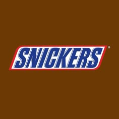 the snickkers logo is shown in blue, red and white on a brown background