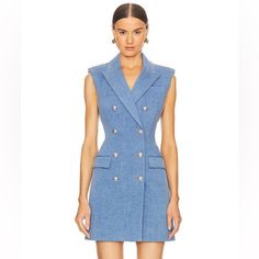 Veronica Beard’s Jules Blazer-Style Dress Is Crafted Of Stretch Denim That Is Tailored To A Fitted Double-Breasted Silhouette. This Mini-Length Piece Features Peak Lapels, Chest And Side Pockets, And A Button-Front Closure. Material: 98% Cotton, 2% Elastane Care Instructions: Dry Clean Designer Color Name: Iceberg Lining: 100% Polyester Pockets: Flap Pockets Closure: Double-Breasted Buttoned Front True To Size Shoulder Pad Inserts Cinched Waist New In Plastic Packaging - All Orders Ship Within O Elegant Summer Blazer Dress With Pockets, Blazer Style, Plastic Packaging, Blazer Fashion, Veronica Beard, Cinched Waist, Color Names, Shoulder Pads, Stretch Denim